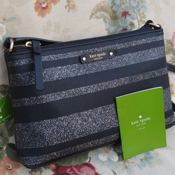 Kate Spade Haven Lane Ramey Leather Black Glitter Stripe Crossbody Bag NWT - Picture 1 of 15